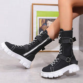 Canvas High-Top Platform Lace-Up Motorcycle Boots